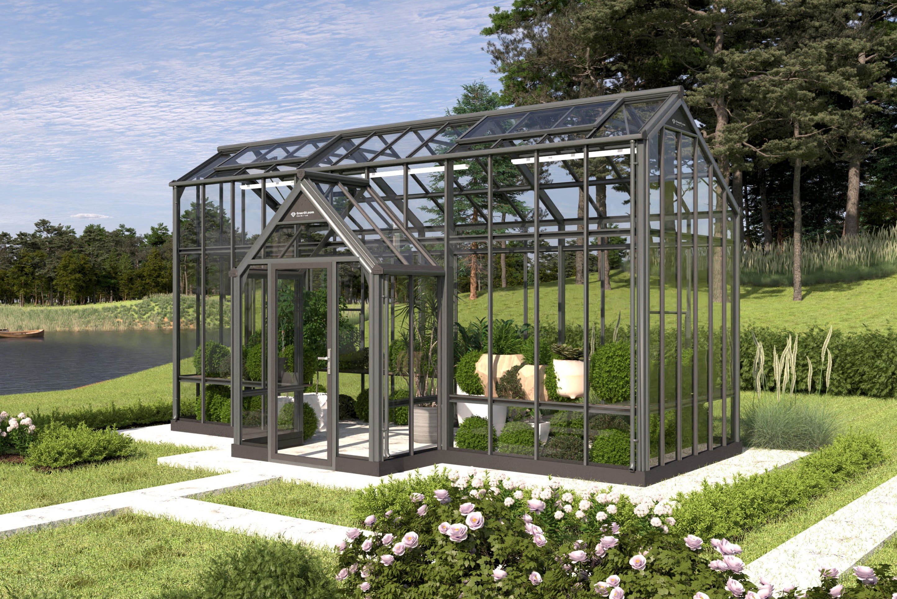 GreenDi» Model 4 is a modern English-style glass greenhouse 